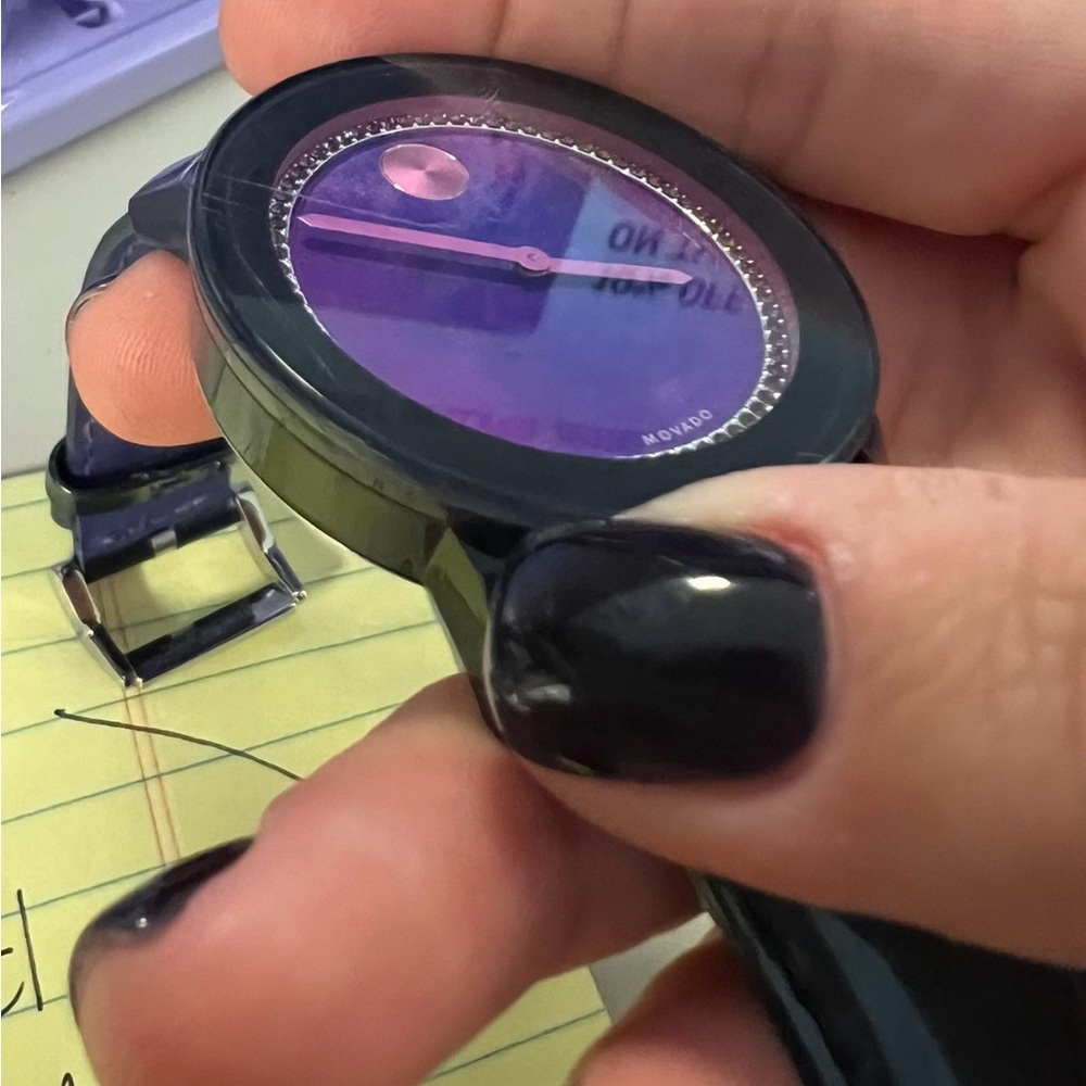 Bold purple watercolor dial blue leather watch